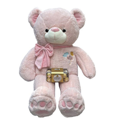 Pink Bear In Pink Bow With Ferrero - Vietnamese Flowers