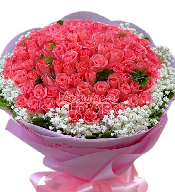 99 Pink Roses Bouquet - Vietnamese Flowers